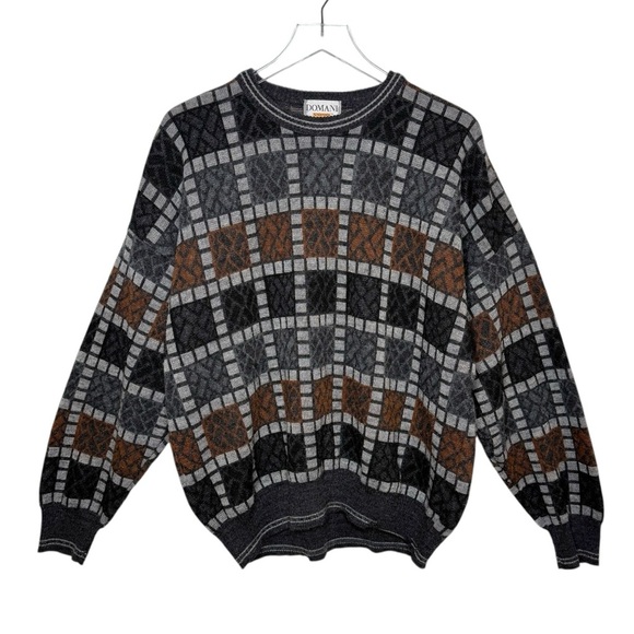 Vintage Wool Blend Grandpa Gray Checker Board Oversized Crew Neck Sweater Sz XL - Picture 1 of 11
